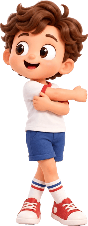 Animated kid doing a self-hug stretch
