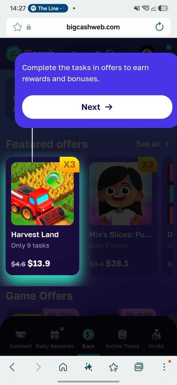 Bigcash welcome tour highlighting the Harvest Land game offer