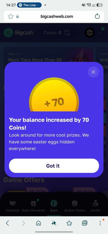 Bigcash pop-up confirming 70 coins from the welcome tour