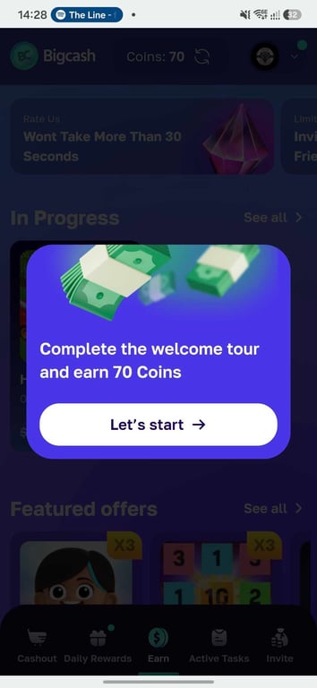 Bigcash pop-up inviting you to take the welcome tour for 70 coins