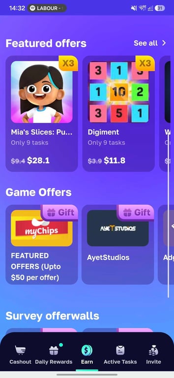 Bigcash Earn tab with featured games and partner offerwalls