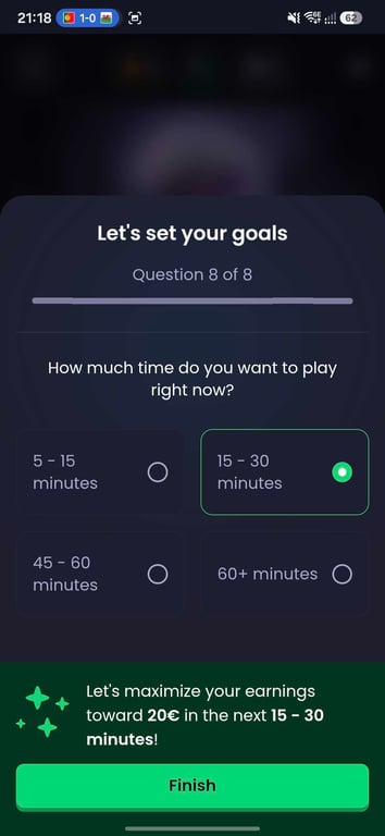 Freecash onboarding asking how long you want to play right now
