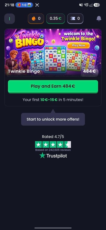 Freecash home screen with a personalized Twinkle Bingo offer