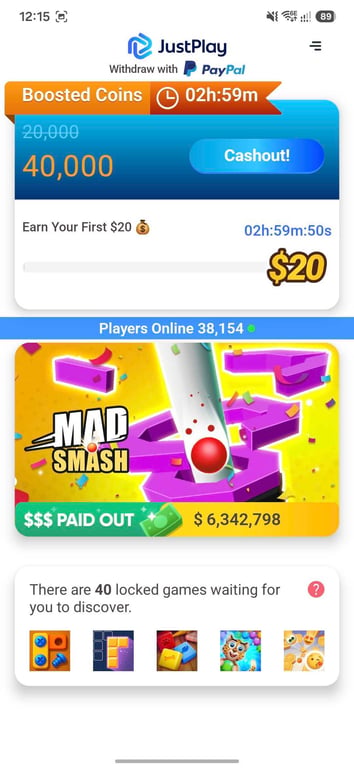 JustPlay new-player screen with Mad Smash and 40 locked games