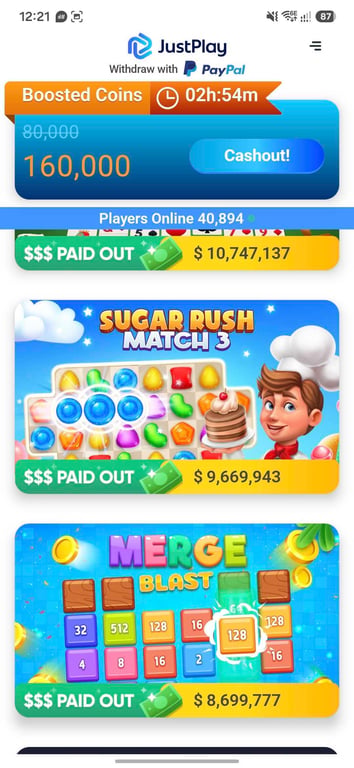 JustPlay home screen with coin balance and Sugar Rush Match 3