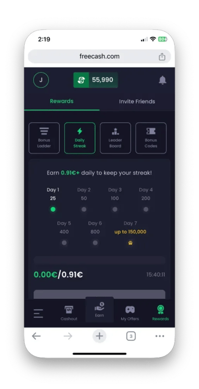 Daily Streak section of Freecash website, accessed on mobile