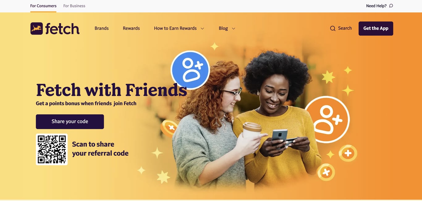 Fetch Rewards referral page with a scannable QR code