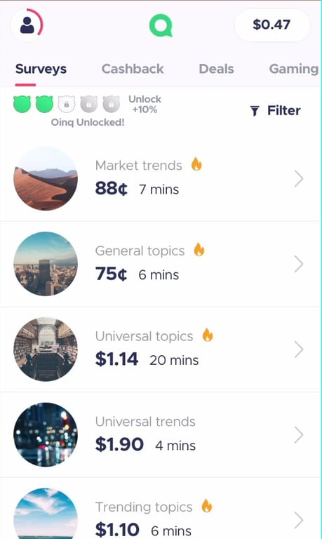 Qmee Surveys tab with surveys from 75¢ to $1.90 and their lengths