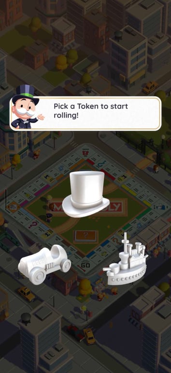 Monopoly Go tutorial asking you to pick a top hat, car or ship token. Screenshot: MONOPOLY GO! by Scopely. MONOPOLY ™ and © 2026 Hasbro.