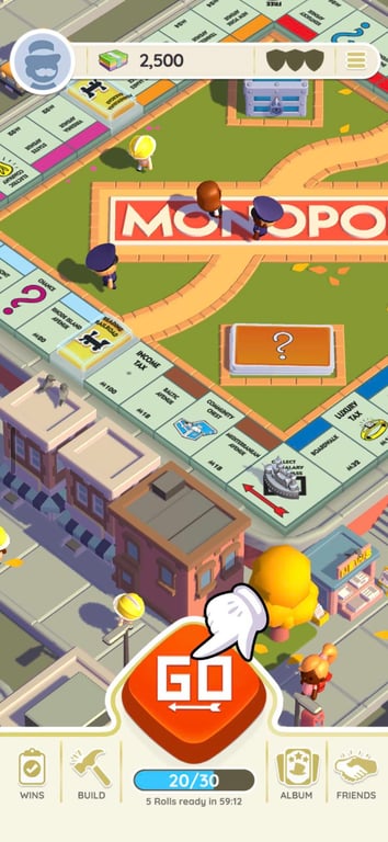 Monopoly Go board with a tutorial hand pointing at the GO button. Screenshot: MONOPOLY GO! by Scopely. MONOPOLY ™ and © 2026 Hasbro.