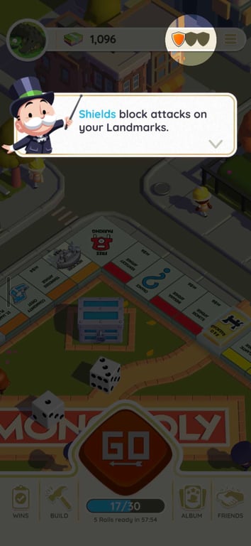 Monopoly Go tip explaining that Shields block attacks on Landmarks. Screenshot: MONOPOLY GO! by Scopely. MONOPOLY ™ and © 2026 Hasbro.