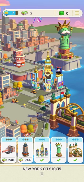 Monopoly Go New York City build menu, with 3 of 5 landmarks complete. Screenshot: MONOPOLY GO! by Scopely. MONOPOLY ™ and © 2026 Hasbro.