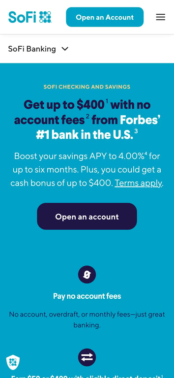 SoFi banking page advertising up to a $400 cash bonus