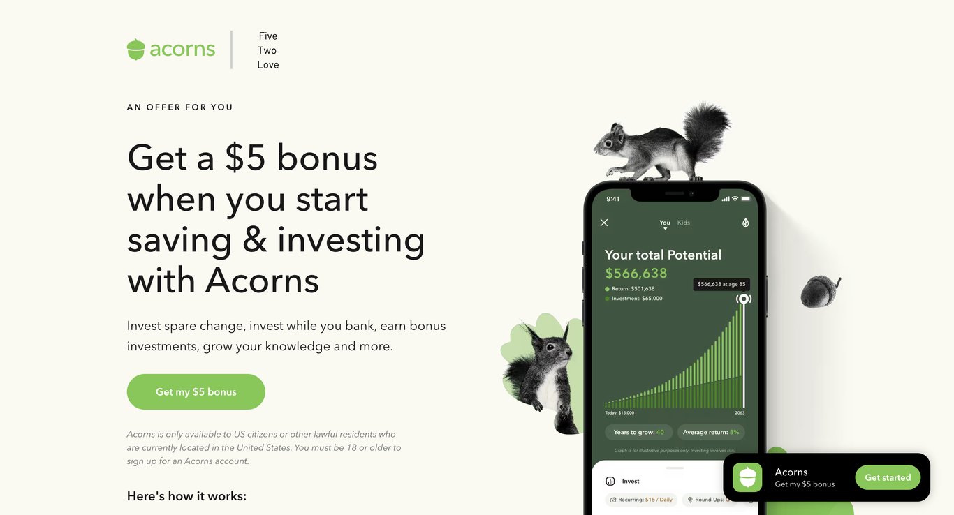 Acorns promo page offering a $5 investing sign-up bonus
