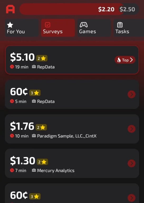 AttaPoll surveys from 60¢ to $5.10 with star ratings and lengths