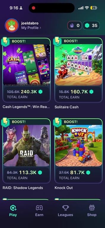 Mistplay Play tab showing boosted offers for four games