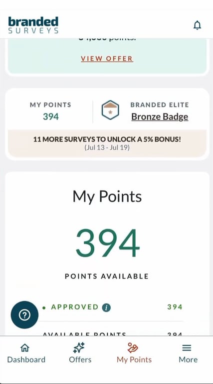 Branded Surveys page with 394 points and a 5% bonus tracker