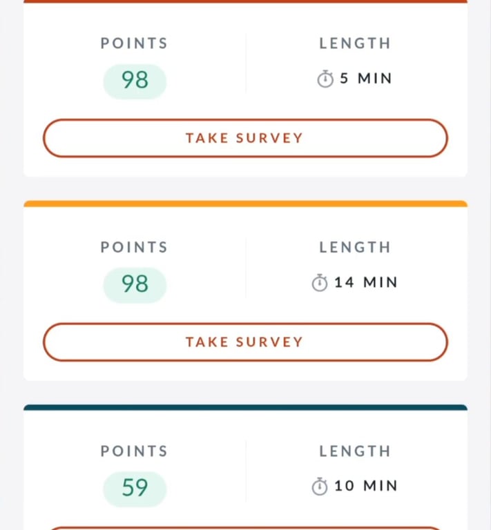 Branded Surveys cards showing each survey's points and length