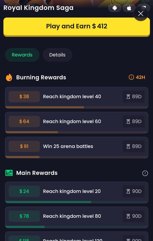 Freecash offer page for Royal Kingdom Saga