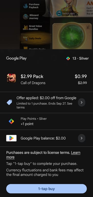 Google Play purchase sheet paying with Google Play balance