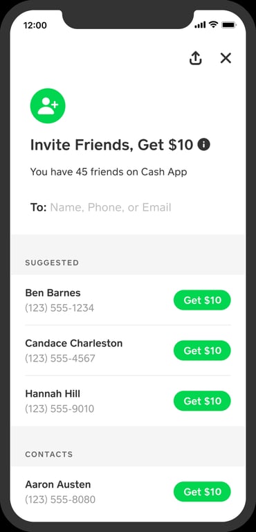 Cash App invite-friends screen offering a $10 referral bonus