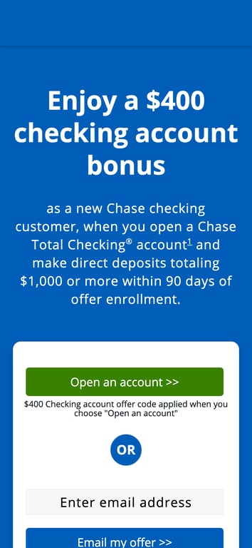 Chase promo screen offering a $400 checking account bonus