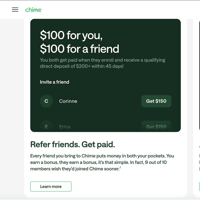 Chime referral screen offering $100 for you and a friend