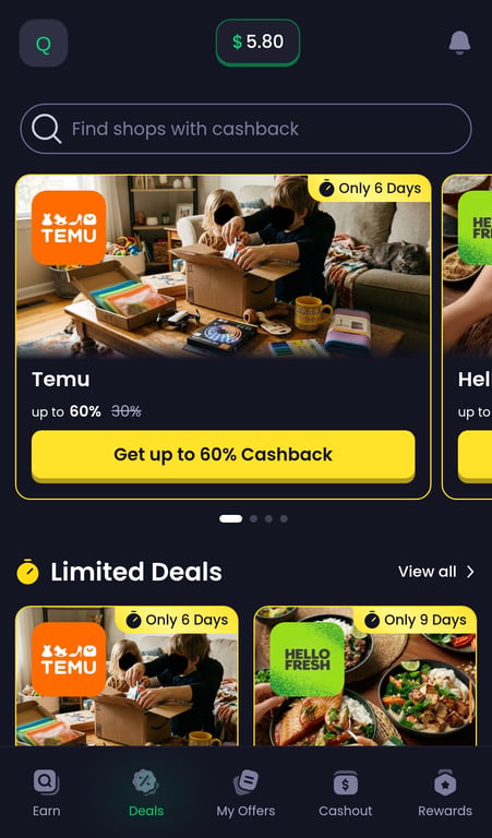 Freecash Deals page displaying Temu and HelloFresh