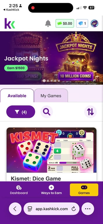 KashKick Available games tab with the Kismet: Dice Game listing