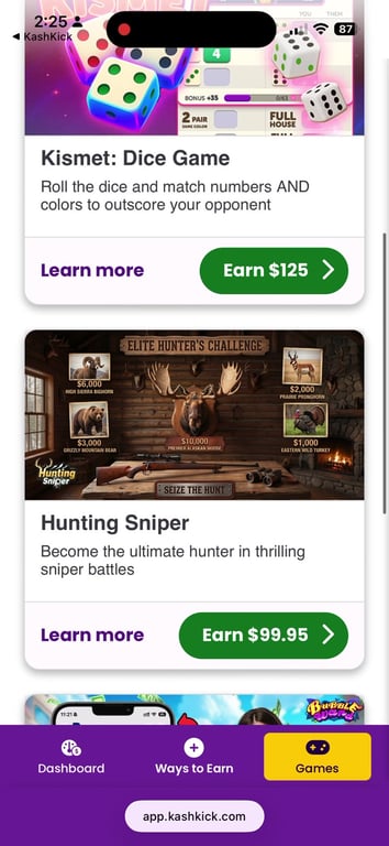 KashKick game list with Kismet: Dice Game and Hunting Sniper