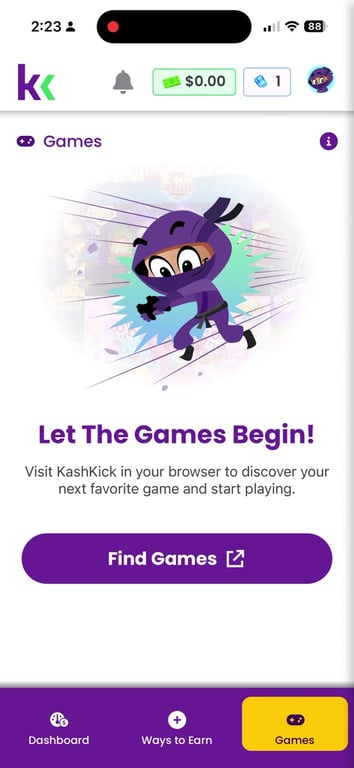 KashKick Games tab with a Find Games button for the browser