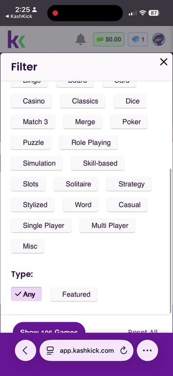 KashKick game filter with categories like Puzzle and Strategy