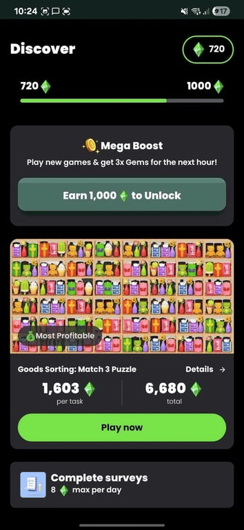 Cash Giraffe task-based offer for a Match 3 sorting puzzle