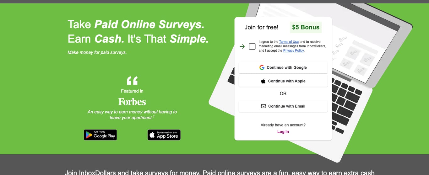 InboxDollars survey homepage sign-up panel showing a $5 bonus
