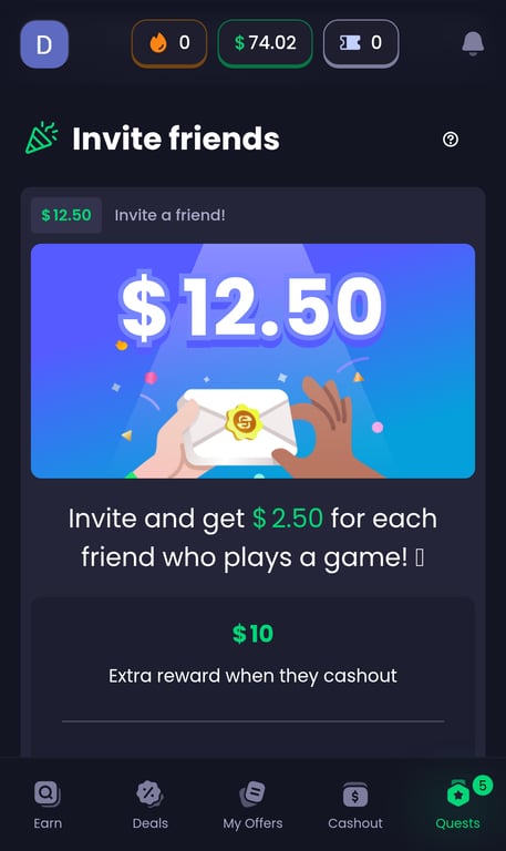 Freecash Invite friends screen showing $12.50 total