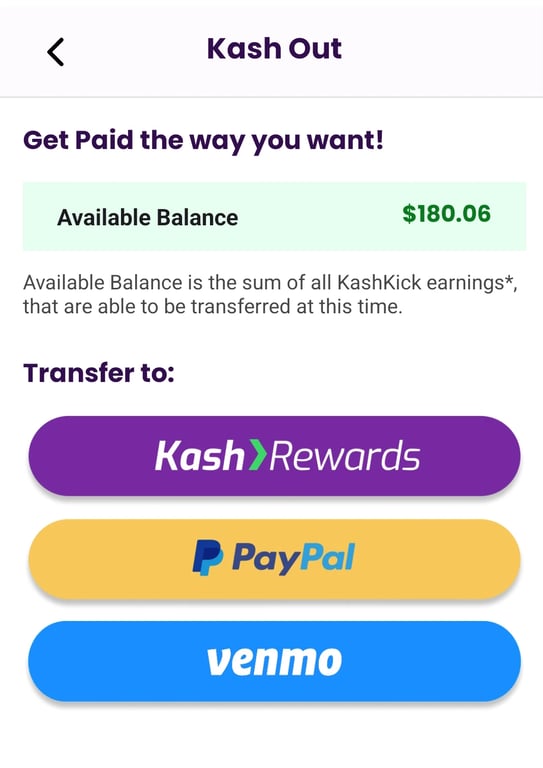 KashKick Kash Out screen with PayPal