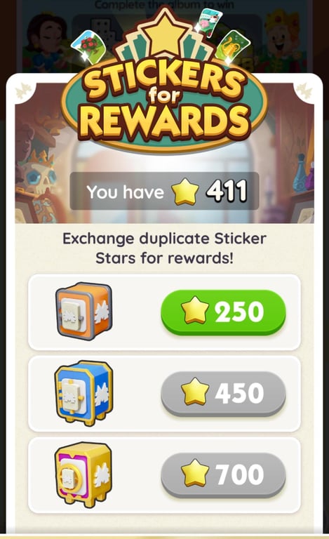 Stickers for Rewards vaults at 250, 450 and 700 stars. Screenshot: MONOPOLY GO! by Scopely. MONOPOLY ™ and © 2026 Hasbro.