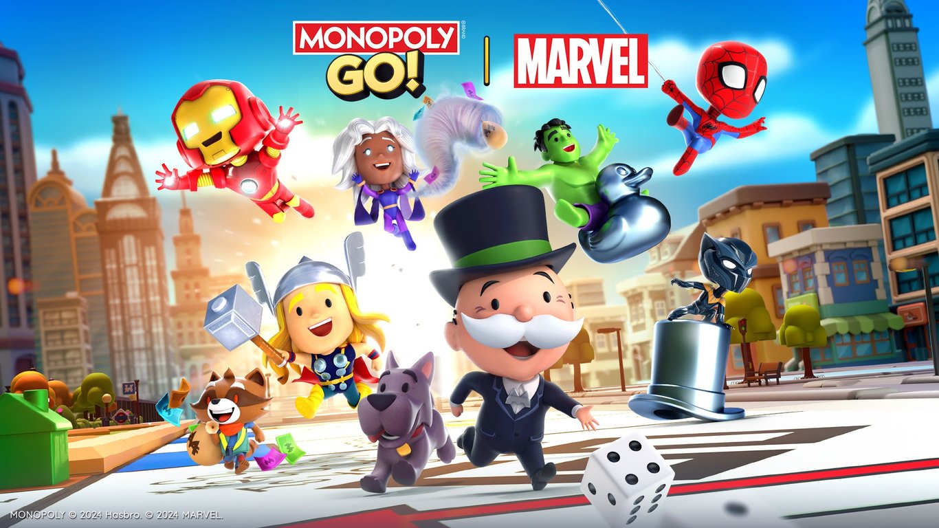 Monopoly Go x Marvel art: Mr. Monopoly with Iron Man, Thor and Hulk. Image: Scopely. MONOPOLY © 2024 Hasbro. © 2024 MARVEL.