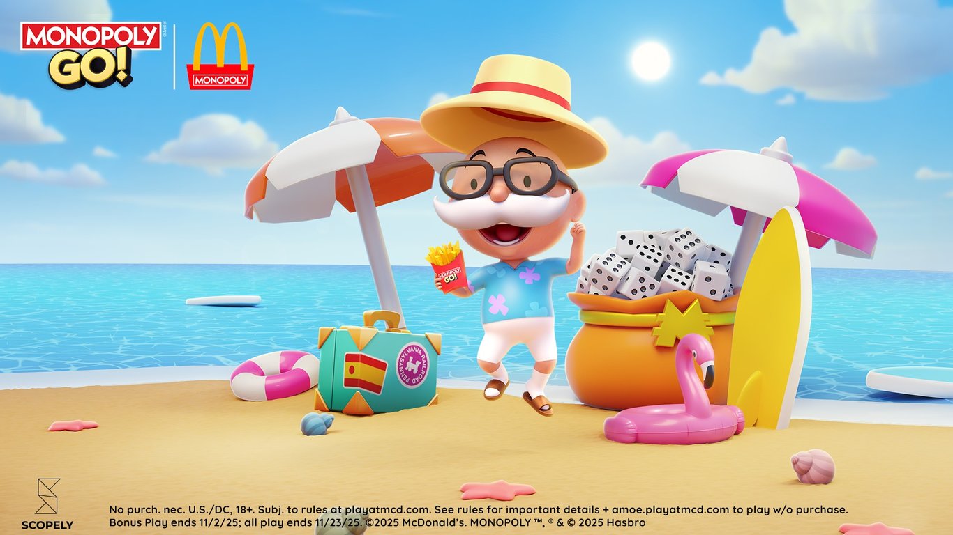 Monopoly Go x McDonald’s art: Mr. Monopoly holding fries on a beach. Image: Scopely. © 2025 McDonald’s. MONOPOLY ™, ® and © 2025 Hasbro.