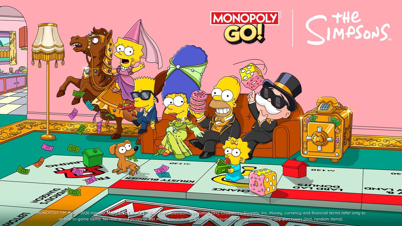 Monopoly Go x The Simpsons art: Mr. Monopoly with the Simpson family. Image: Scopely. MONOPOLY ™, ® and © 2026 Hasbro. Matt Groening™ and © 20th Television.