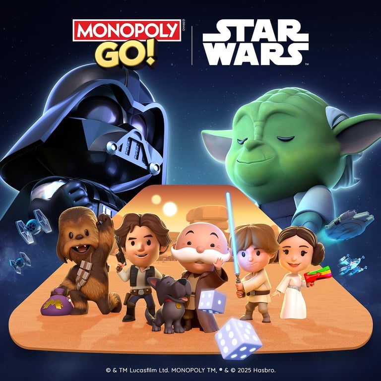 Monopoly Go x Star Wars art: Mr. Monopoly with Darth Vader and Yoda. Image: Scopely. © and ™ Lucasfilm Ltd. MONOPOLY ™, ® and © 2025 Hasbro.