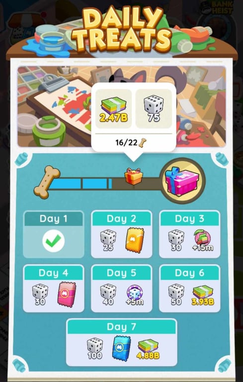 Daily Treats calendar with the dice reward for each day. Screenshot: MONOPOLY GO! by Scopely. MONOPOLY ™ and © 2026 Hasbro.
