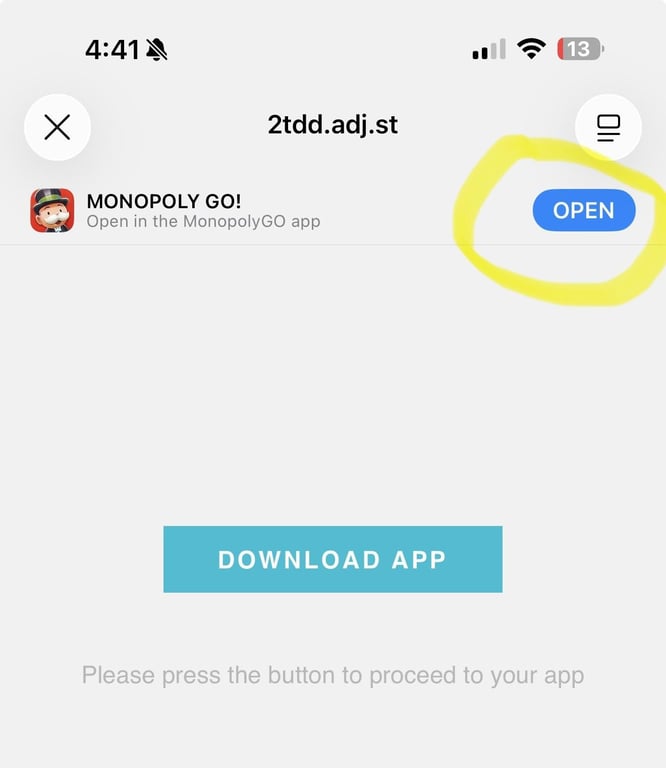 Dice link page with the Open button for the Monopoly GO app. Screenshot: MONOPOLY GO! by Scopely. MONOPOLY ™ and © 2026 Hasbro.