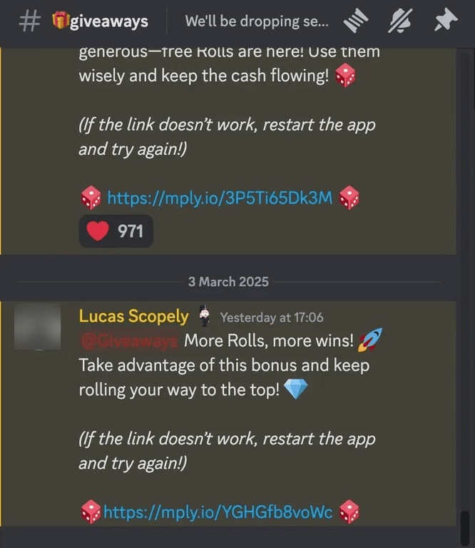 Dice links in the giveaways channel of the official Monopoly GO Discord. Screenshot: MONOPOLY GO! by Scopely. MONOPOLY ™ and © 2026 Hasbro.