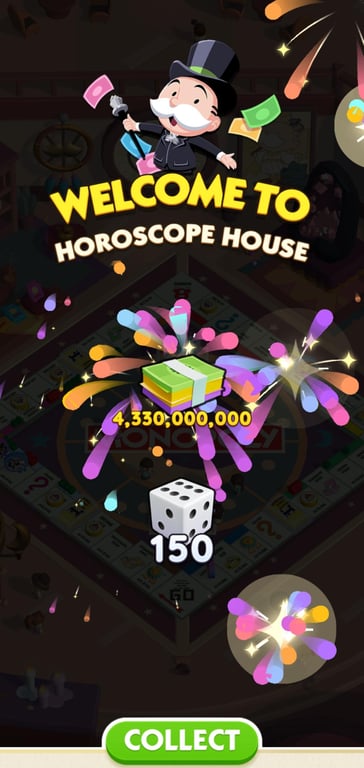 Board complete reward screen paying 150 dice. Screenshot: MONOPOLY GO! by Scopely. MONOPOLY ™ and © 2026 Hasbro.