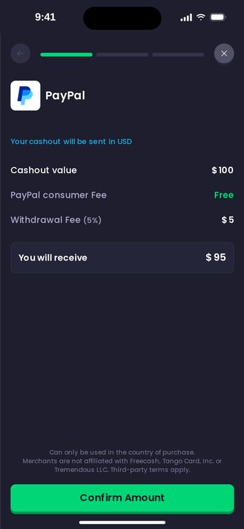 Freecash $100 PayPal cash-out, $95 after fees