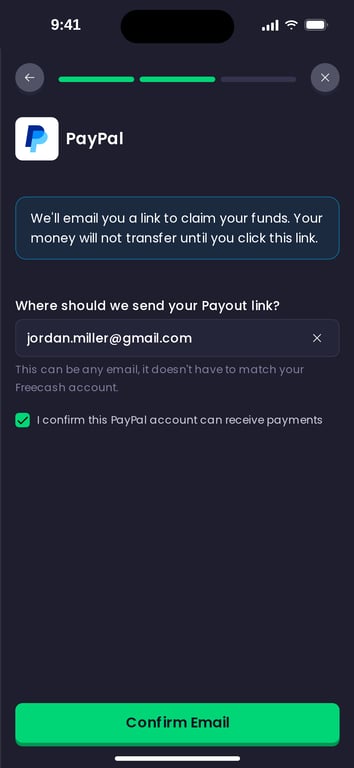PayPal email entered and confirmed