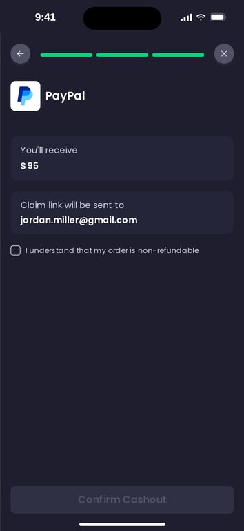 Freecash cash-out summary before confirming