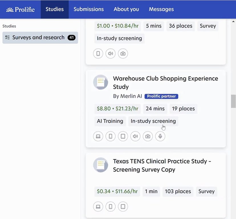 Prolific studies list with reward, hourly rate and length