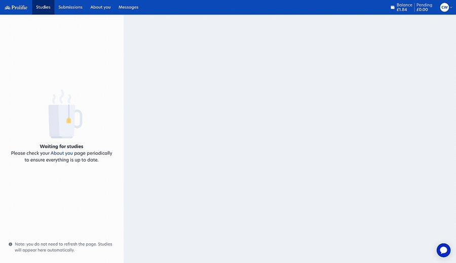 Prolific Waiting for studies screen with no studies available